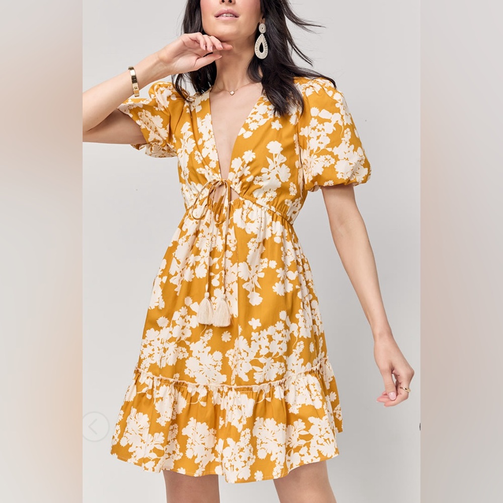 Francesca’s - Tasha Floral Tassel Cinch Waist Mini Dress - Yellow - XL